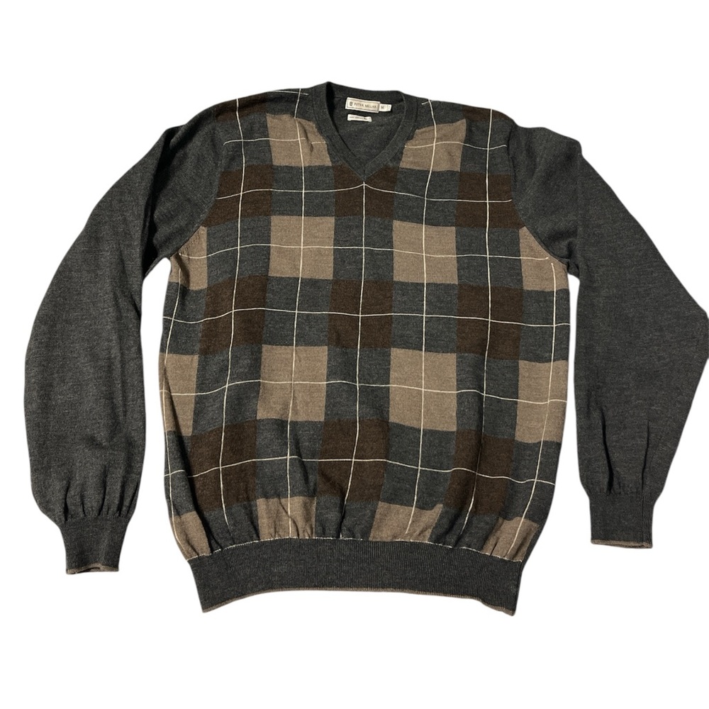 Peter Millar 100% Merino wool V-Neck Sweater in Gray and Brown Plaid